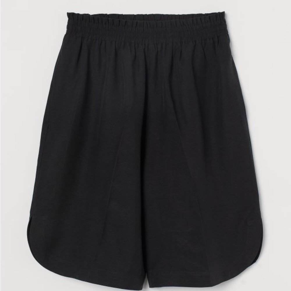 NWT•H&M 4XL Black Linen Blend Bermuda Shorts High Waist Elastic Loose Fit